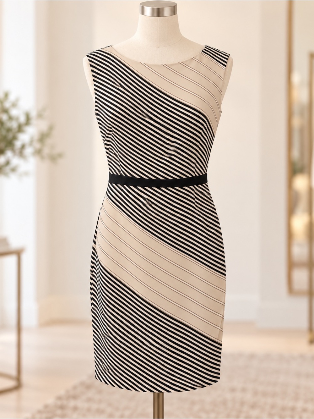 Ann Taylor Black and Cream Diagonal Stripe Sheath Dress
